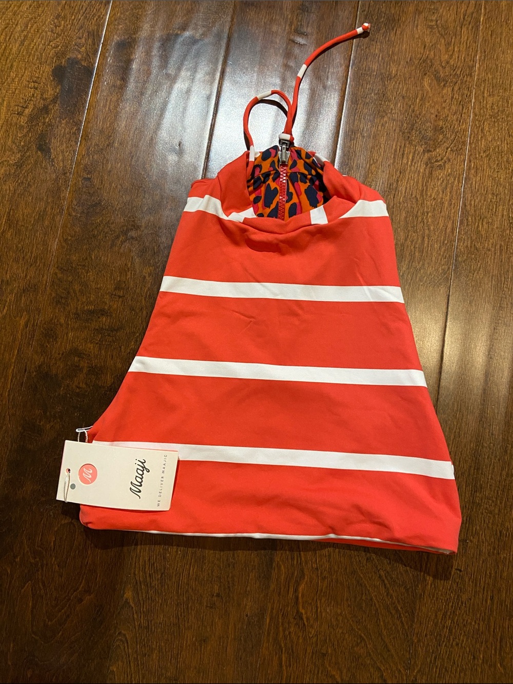 Maaji crop top swim reversible animal print/ stripes SZ L coral multicolor NWT